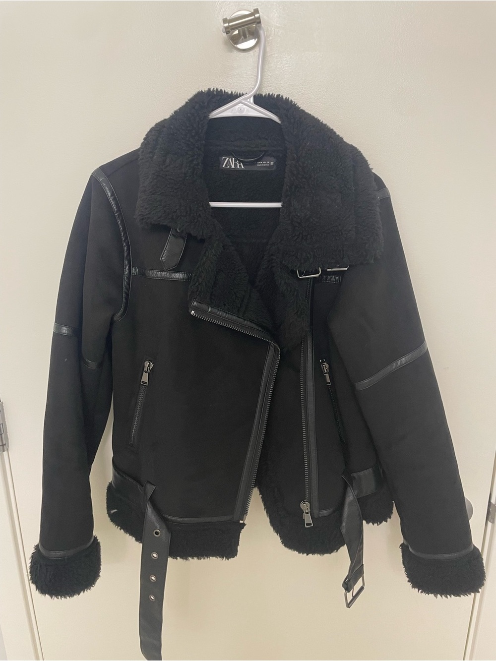 Zara black suede shearling moto jacket